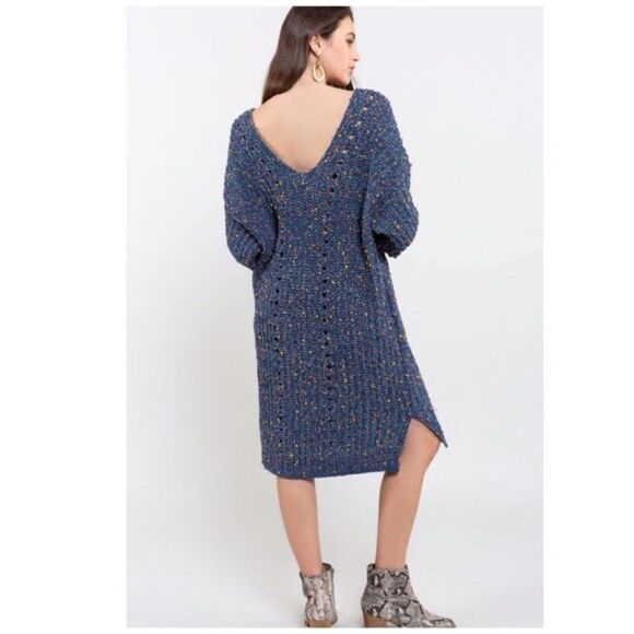 chenille V-Neck Sweater Dress In Indigo - Picture 5 of 10